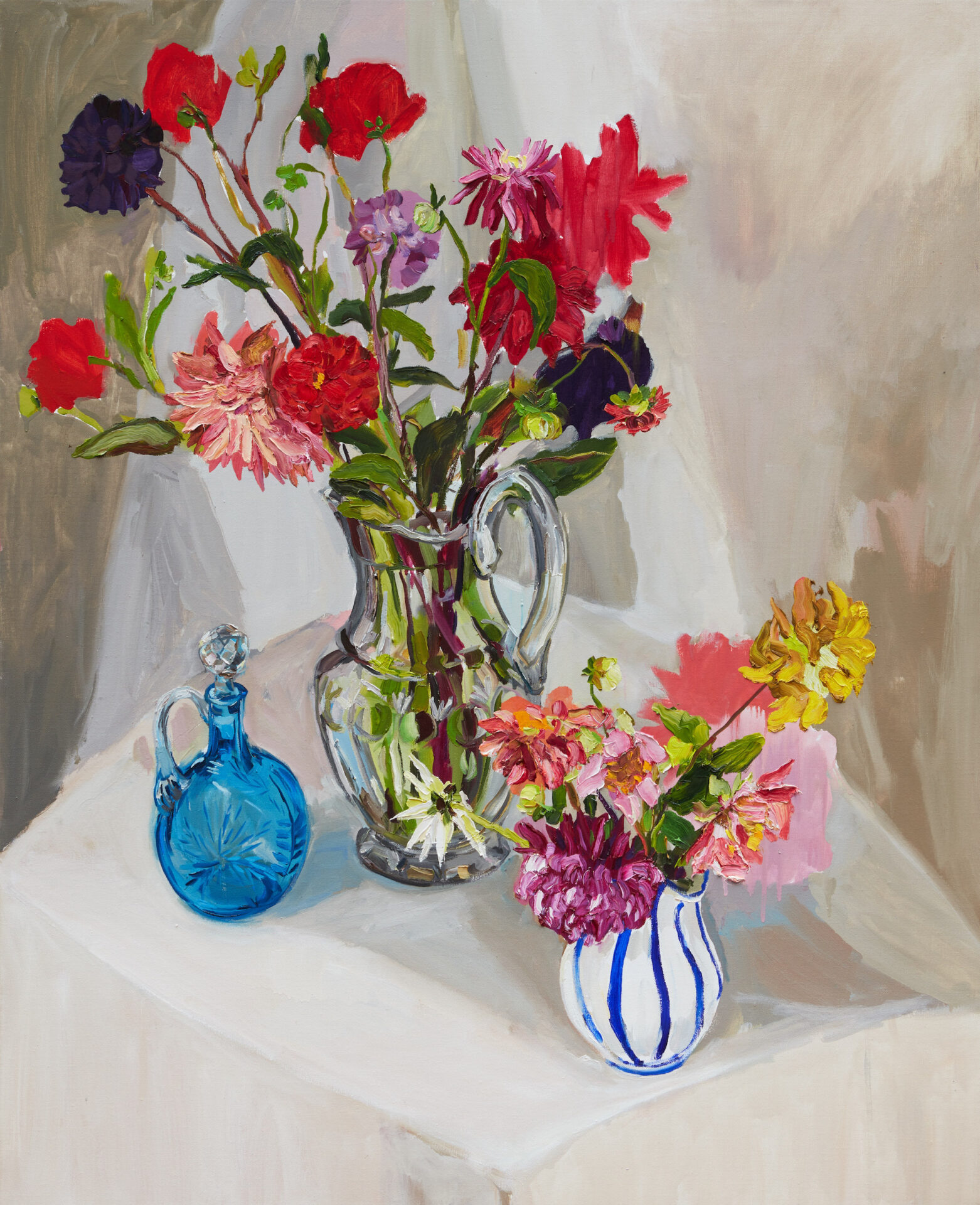 Dahlia’s with blue crystal and striped jug